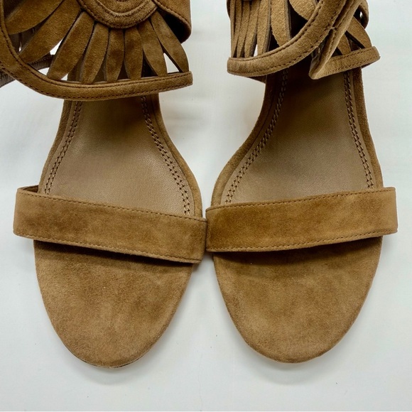 Tory Burch Tan Suede Lace-Up Sandal Heels Fan-Cut Side Detail US Size 8.5 - Picture 11 of 12